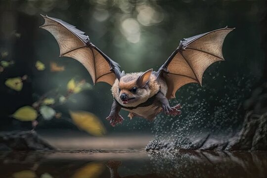 Action shot of a flying Pipistrelle bat (Pipistrellus pipistrellus) hunting an animal in a natural forest setting. People know that this species lives and roosts in cities in Europe and Asia