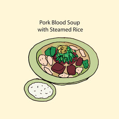 Pork Blood Soup served with streamed rice, hand drawn vector illustration