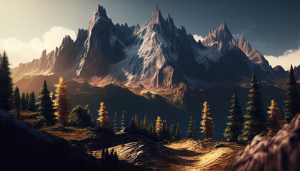 Beautiful mountain landscape with yellow and green pines and firs, 8k, generative ai