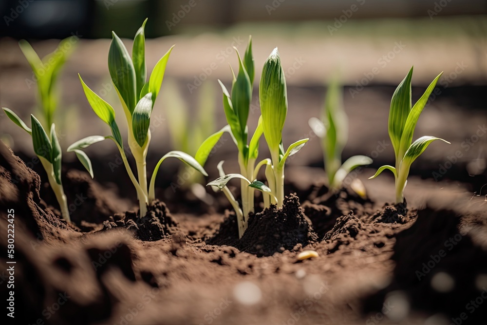 Wall mural Springtime corn shoots on the field, blurred. A farm with green maize seedlings in its early stages of growth. Image of a farm with maize seedlings emerging from the ground. Generative AI