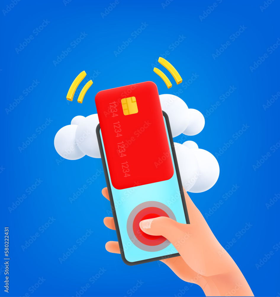 Poster Man using credit card for payment via smartphone. 3d vector illustration 