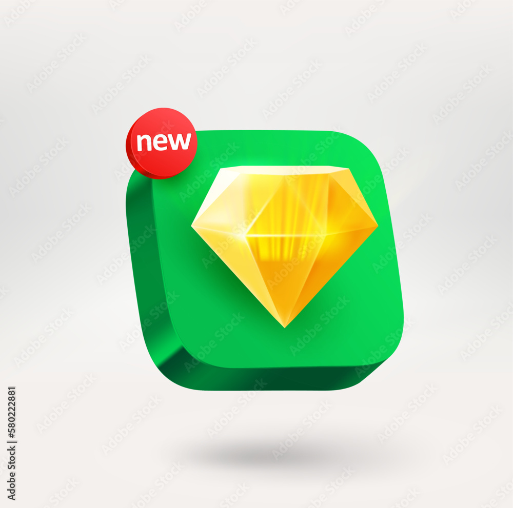 Poster Golden crystal with a new message label. 3d vector icon isolated on white background