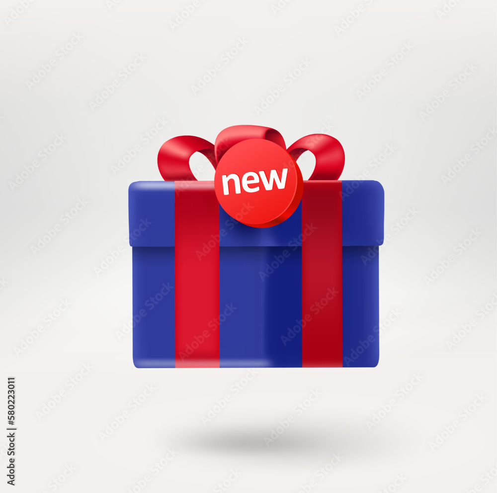 Poster Gift box with a new message label. 3d vector icon isolated on white background