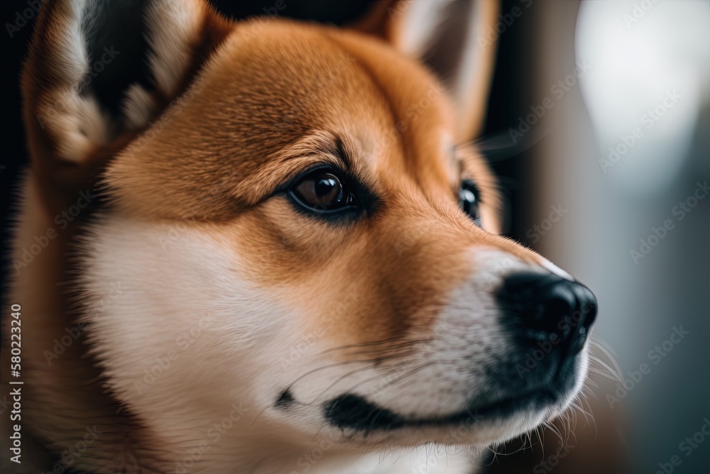 Poster shot using selective focus on the head of a shiba inu dog. generative ai
