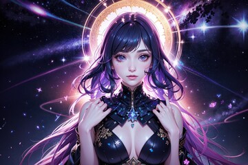 Fototapeta na wymiar beautiful goddess wearing constellation dress, Fantasy scenery, illustration, star constellation, Generative AI