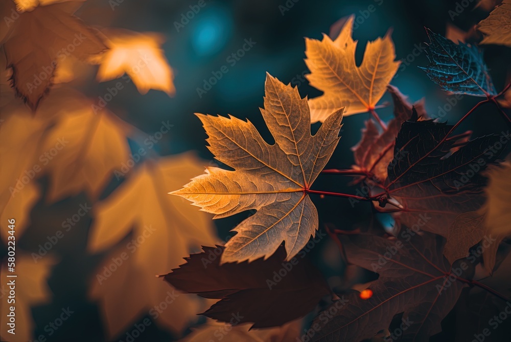 Poster image of fall foliage with selective focus generative ai