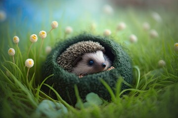 Close up of a hedgehog in the grass, curled into a ball and lying on its side. Animal out in nature. forest animals. A needlework picture of a hedgehog. Small mammals. Cute hedgehog in green grass