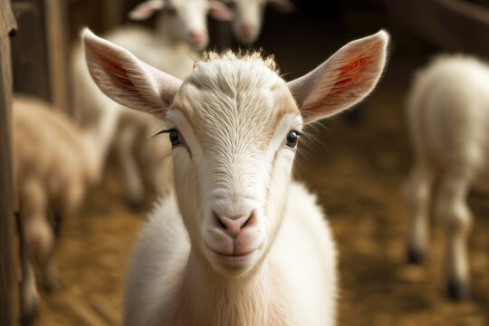 A photo of a young white goat looking straight into the camera. Farm animals are being born on the farm. Generative AI