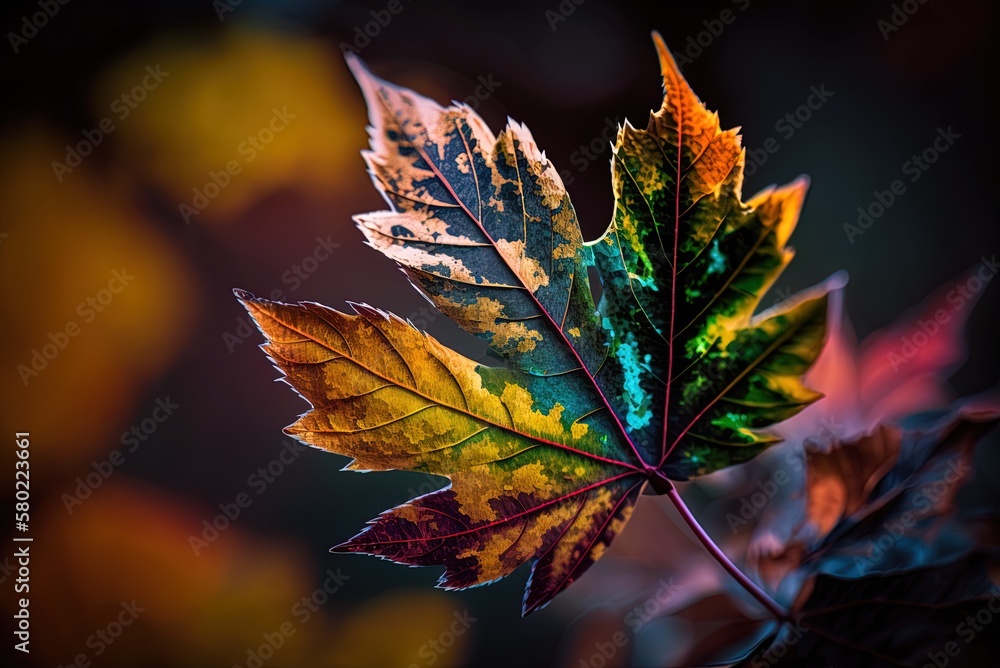 Poster zooming in on a colorful fall leaf generative ai