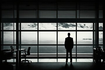 Fototapeta na wymiar A businessman's silhouette is seen through an expansive window in an otherwise empty workplace. Generative AI