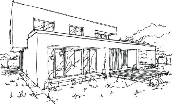 hand drawn architectural sketches of modern two story detached house with flat roof and garden