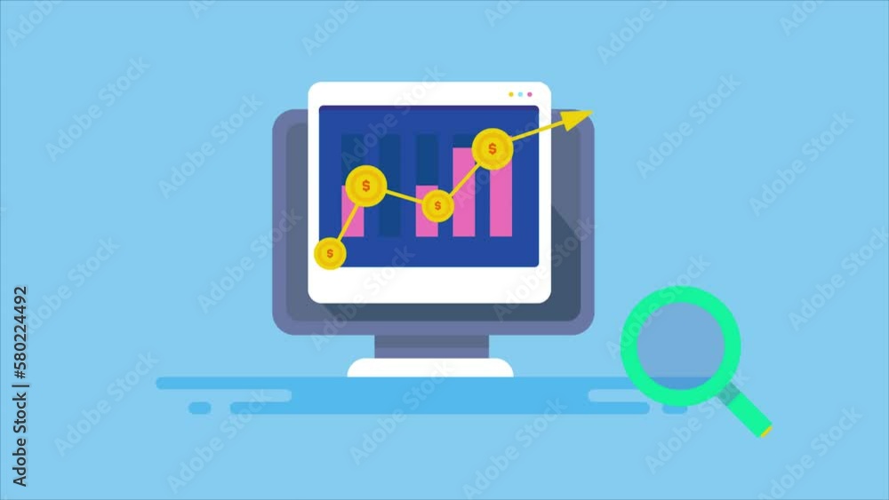 Poster big data analytics financial graph arrow going upward on pc screen, financial analysis software dash