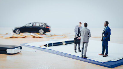 Miniature business people standing and consulting on car loan on black car background on stack of coins. 3d illustration render.