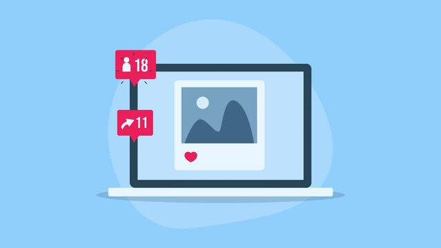 Social media sharing using laptop computer video animation.