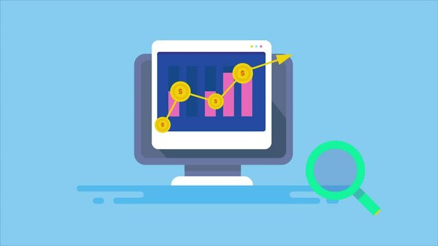 Big data analytics financial graph arrow going upward on pc screen, financial analysis software dashboard, revenue information monetization concept, video animation.