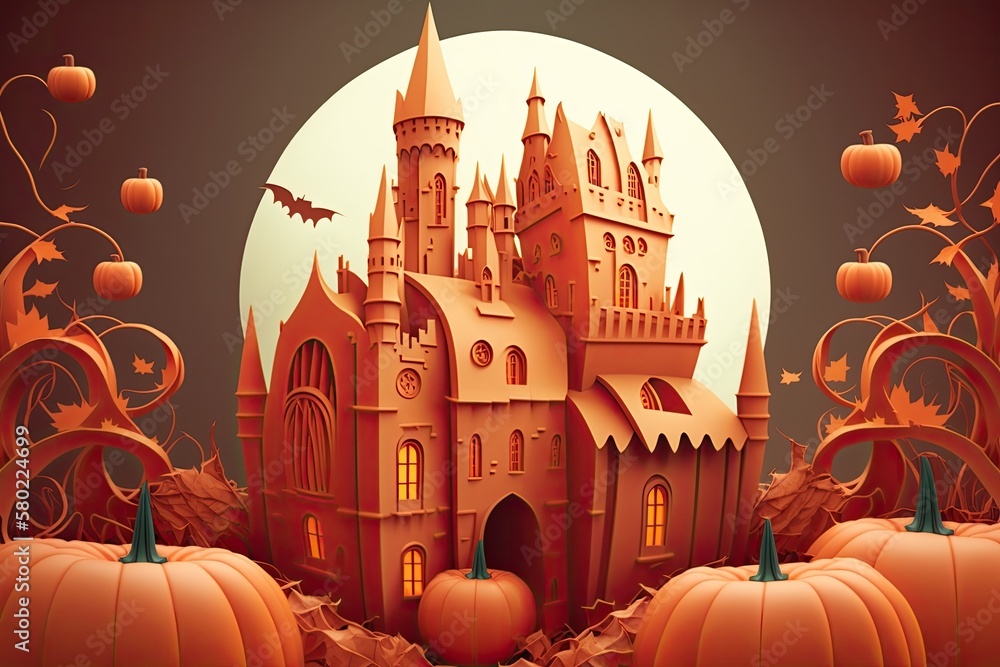 Sticker illustration of a princess castle and pumpkins in an orange halloween background. generative ai