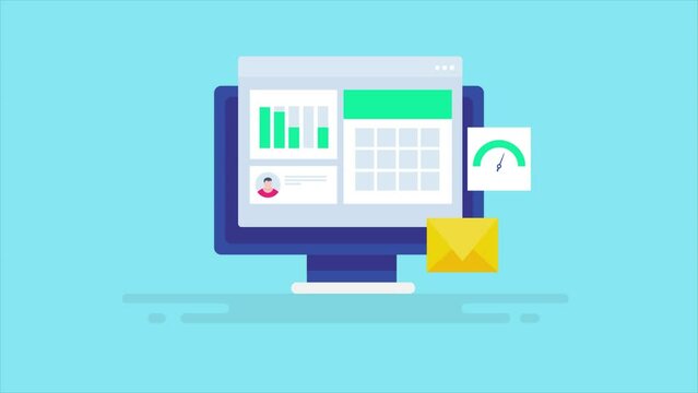 Project management software company workflow task completion, document sharing and real time update, send message concept. 2d animation video clip.