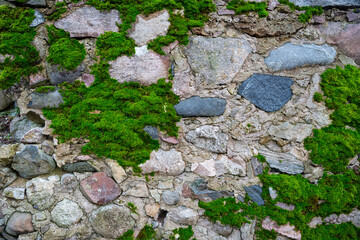 Ancient stone wall covered with green moss. Weathered rough masonry surface. The wall of the old castle. Vintage texture great for background and design.