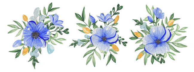 watercolor illustration blue flowers and green leaves