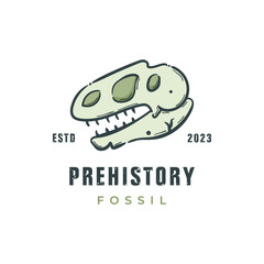 Fossil skull dinosaur pre history logo icon, hand drawn vintage vector illustration.