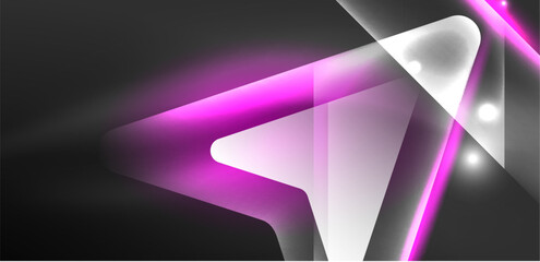 Neon speed arrow and line shapes background. Hi-tech concept with shiny backdrop. Bright flare light effect in the dark