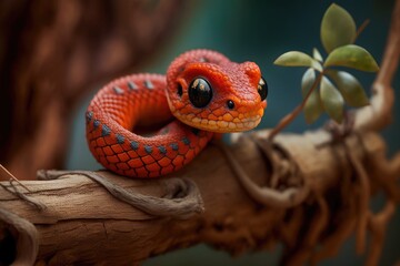 Naklejka premium Baby Red boiga snake on a tree, close up of a baby Red boiga snake on a branch. Generative AI