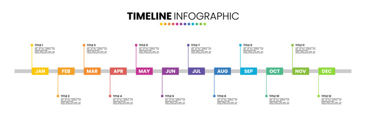 Rectangle timeline infographic presentation template 12 options. 12 month or 1 year calendar infographic template
