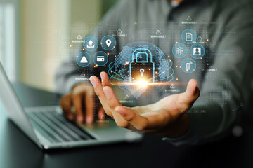 Cyber security or cybercrime attack and threats to the Internet personal information computer network or key lock login to privacy website protection or email access identity concepts.