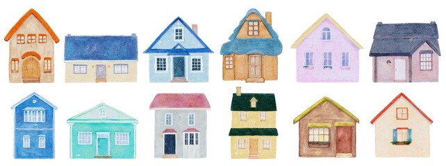 水彩風手描きのカラフルな家のセット　 ラスター素材