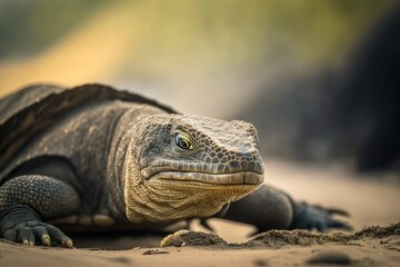 Komodo dragon or Komodo monitor lizard. A young monitor lizard on the island of Bali crawling on the sand. Close ups of Indonesia's reptiles and wild animals. Generative AI