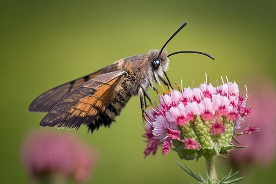 Macroglossum stellatarum, also known as the hummingbird hawk moth, eating on a pink bloom in a lush meadow, seen from the side. Generative AI
