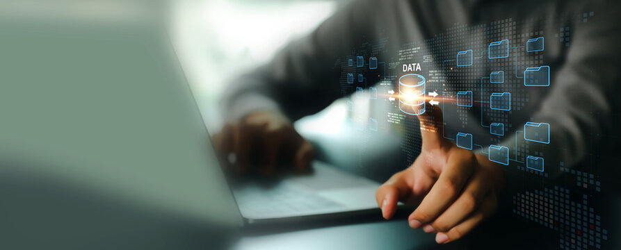 Database management cloud computing or data center cyber security file document transfer or business administrator analysis to growth and service information technology system concepts.