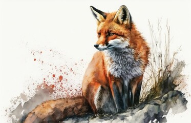 Fototapeta premium A watercolor picture of a fox. Portrait of a wild, cute red fox sitting. Animal with red fur and black paws that lives in the wild. Wild animal seen from the front. Adorable mammal element. On a white