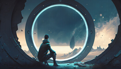 Illustration Painting of a Mysterious Man Under a Futuristic Portal, Generative AI