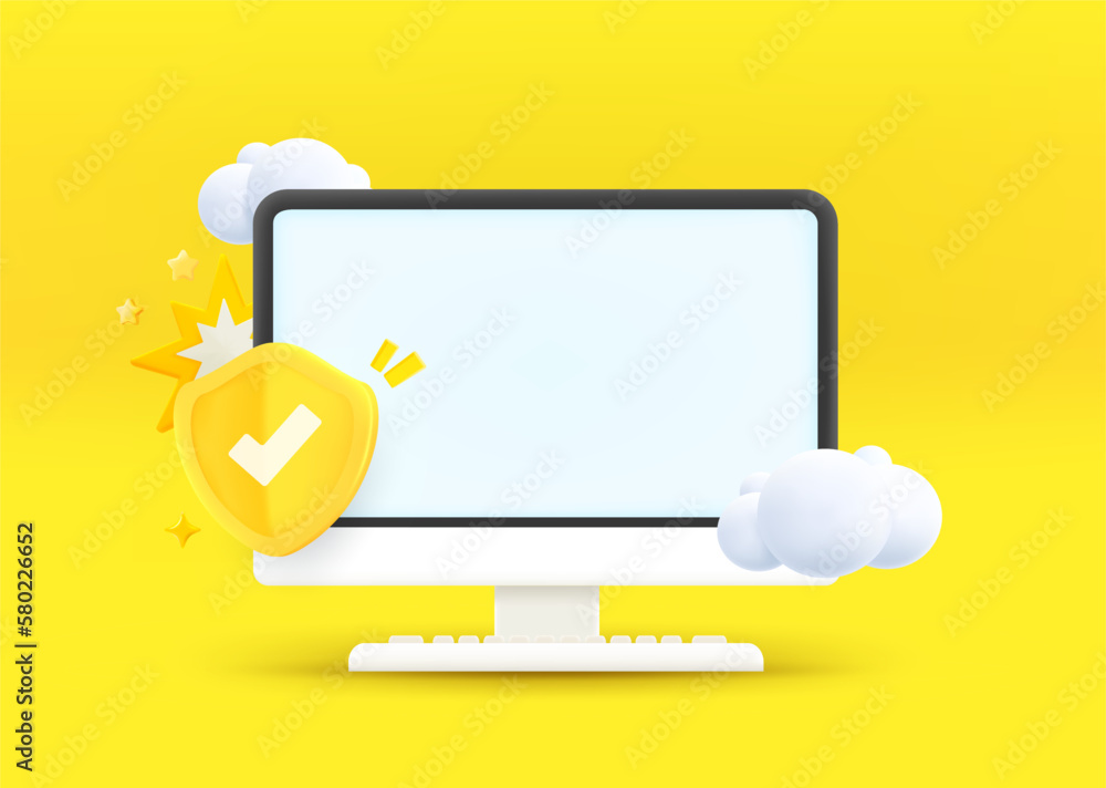 Poster Computer monitor with shield and blank screen. 3d vector illustration