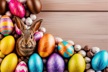 Colorful easter eggs with easter bunny on wood backgound,happy easter holiday concept. 3d rendering. Generative AI.