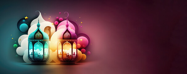 lantern ramadan islamic , eid mubarak banner with generative AI	