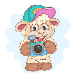 Fototapeta premium Cartoon Sheep with Camera. Clipart. A cute cartoon sheep holds a camera in its paws. Unique design, Children's mascot.
