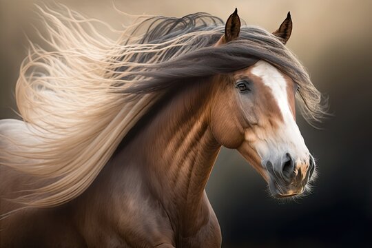 Close up picture of a horse with a long mane moving in motion. Generative AI