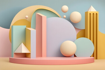 Fototapeta premium Set of realistic colorful abstract 3D stand or podium. Vector rendering geometric forms. Minimal wall scene with shadow overlay. Generative Ai