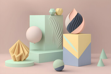 Set of realistic colorful abstract 3D stand or podium. Vector rendering geometric forms. Minimal wall scene with shadow overlay. Generative Ai