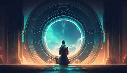 Digital Art Style Illustration of a Mysterious Man Seated Under Futuristic Portal, Generative AI