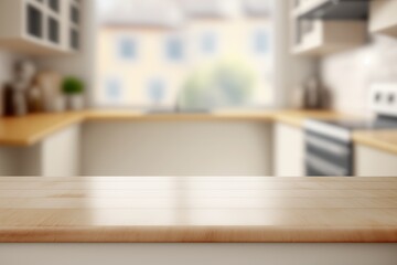 Generative AI. A modern luxury wooden kitchen countertop with decor and a copy space to mount your product display on top of the blurry modern kitchen space in the background.