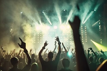 Naklejka premium group of young people dancing and jumping to the beat of electronic music concert festival. Generative AI