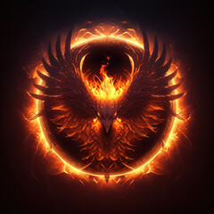 Flaming phoenix bird inside a circle of fire