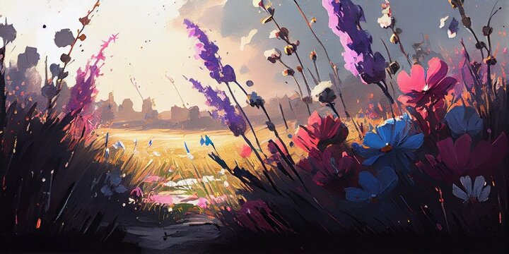 Painting Field Lots Flowers Epic Cinematic Concept Art Header Aesthetic Sunlit Landscape Low Horizon Still Movie Vivid Violet, Generative Ai