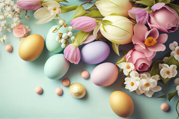 Easter background with copy space. Eggs, flowers, pastel colors illustration top view generative AI, generative, ai