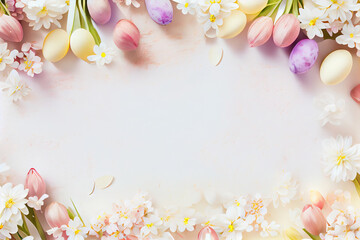Obraz na płótnie Canvas Easter background with copy space. Eggs, flowers, pastel colors illustration top view generative AI, generative, ai