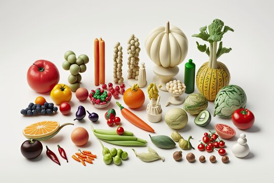 History of making nutritious food choices. Fruits and vegetables against a white background, used in food photography. White room for copying. Superbly Detailed Merchandise. Generative AI