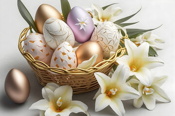 Colorful Easter eggs lie in wicker basket. Next to them on the table beautiful fresh lilies. Happy Easter. Generative AI